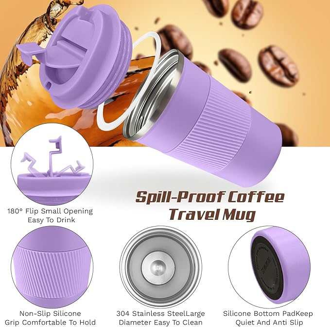 Vacuum-Insulated Stainless Steel Travel Coffee Mug, Leak-Proof Reusable Coffee Cup with Lid - Keep Hot & Cold Drinks for Hours, Durable Thermos Tumbler for Men & Women (3rd-Purple, 17OZ)