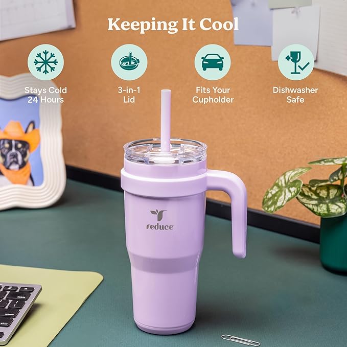 REDUCE 24 oz Stainless Steel Tumbler with Handle - Dual-Wall Vacuum Insulated Travel Mug, Sweat-Proof Lid & Reusable Straw - Keeps Drinks Cold for 24 Hrs, Fits Cupholders, Dishwasher Safe - Lilac Bud