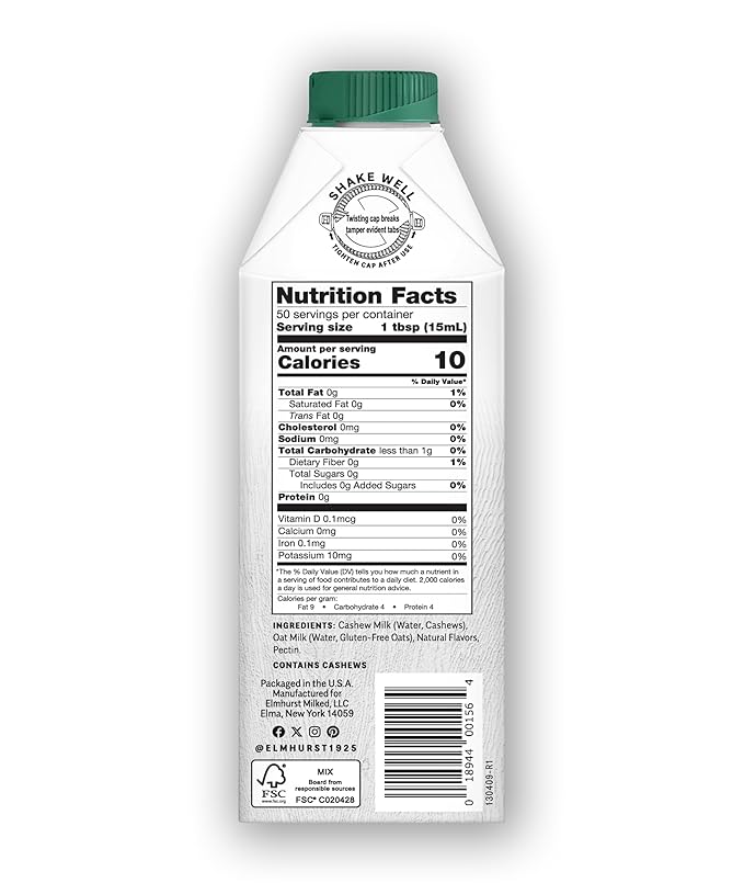Elmhurst 1925 Unsweetened Cashew Creamer - Dairy-Free, Vegan, Kosher, No Sugar, Shelf Stable Creamer Made with Cashew & Oat Milk for Healthier Coffee, Latte and Smoothies - 25.4 Ounce (Pack of 6)