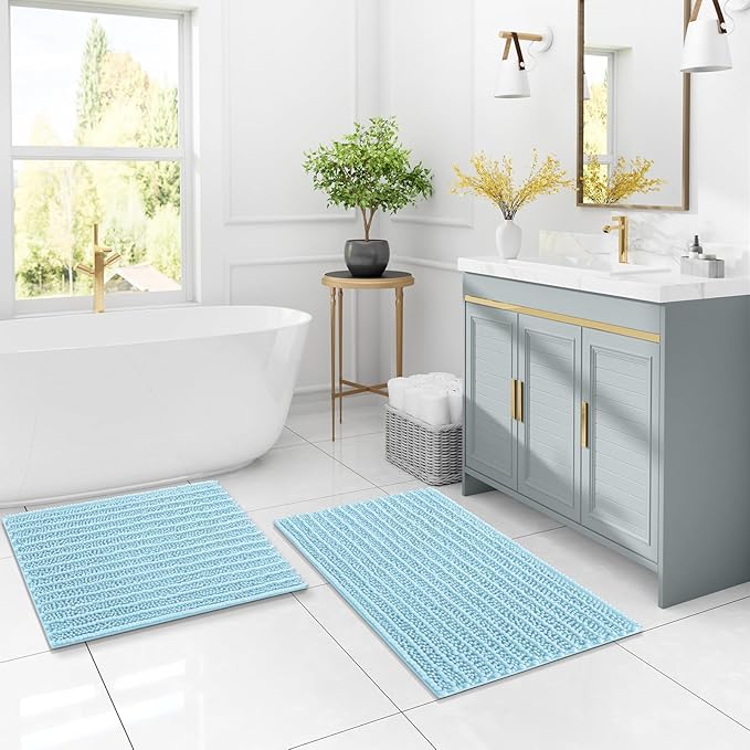 Arotive Luxury Chenille Bathroom Rug Mat, Extra Soft Thick Absorbent Shaggy Bath Rugs, Non-Slip Machine Wash Dry, Plush Bath Mats for Bathroom, Shower and Tub, 44x24, Blue