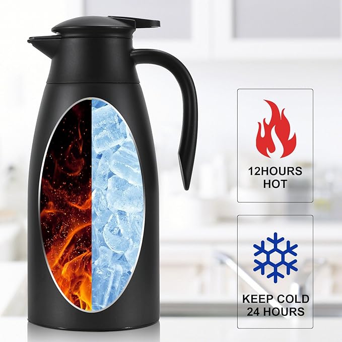 Updated Thermal Coffee Carafe, 70 Oz Insulated Stainless Steel Coffee Carafes for Keeping Hot Coffee & Water Hot Beverage-12Hours, Double Walled Vacuum Thermos Carafe(Black+White）