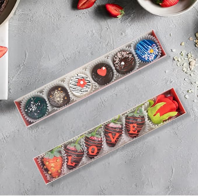 50Pack 12x2¼x2 Inch Chocolate Covered Strawberry Boxes for 6 Macaron boxes Chocolate Truffle Boxes Cookie boxes Bakery Boxes with Clear Window Washi Tape Boxes