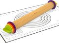 Rolling Pin with Thickness Rings and Pastry Baking Mat, 13.6" Adjustable Wooden Rolling Pin Dough Roller for Baking Cookie Pizza, Comes with Large Silicone Pastry Mat, Kitchen Baking Tools