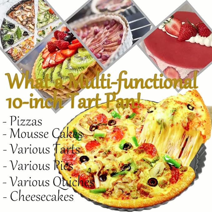 10 Inch Nonstick Tart Pan with Removable Bottom, Carbon Steel Quiche and Pie Pan- 1.1-Inch Depth, Fluted Edges for Baking Tarts, Quiches, Mousse Cakes, and Desserts