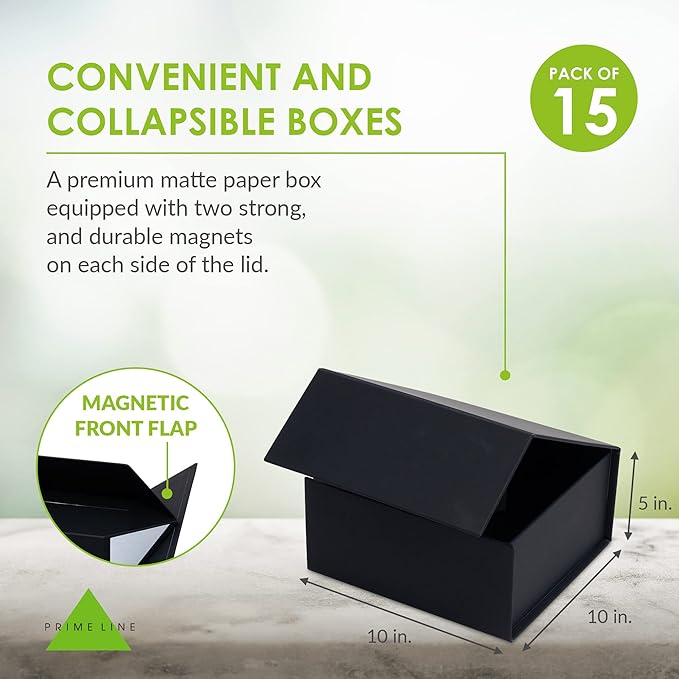 Prime Line Packaging Christmas Gift Boxes with Lids, Holiday Gift Boxes for Presents, Medium Black Gift Box, Collapsible for Wrapping, Birthdays, Weddings, Bulk, 10x10x5, 15 Pack