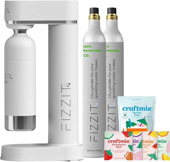 FIZZIT Fizz & Flavor Power Bundle | Soda Maker with 12-Flavor Drink Mix Variety Pack & 2 CO? Cylinders | Customizable Carbonation, Eco-Friendly, No Electricity Needed