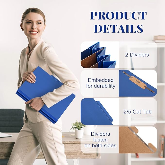 12 Pcs Classification Folders Letter Size Bulk - 2 Dividers Pressboard File Folder with 3.5 Inch Expansion, 2 Prongs Fastener, Heavy Duty Office File Organizer for Teacher Medical (Dark Blue)