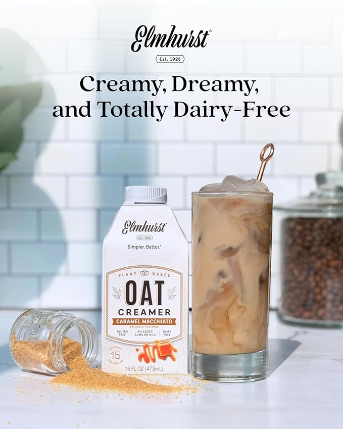 Elmhurst 1925 Caramel Macchiato Oat Creamer - 16 Ounce (Pack of 6) Dairy-Free, Vegan, Kosher, Low Sugar, Shelf Stable Creamer Made with Oat Grains & Caramel for Simpler Plant Based Alternatives