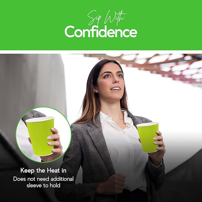Restaurantware-12 Ounce Disposable Coffee Cups, 500 Ripple Wall Hot Cups For Coffee - Lids Sold Separately, Rolled Rim, Green Paper Insulated Coffee Cups, For Hot Coffee, Tea, And More