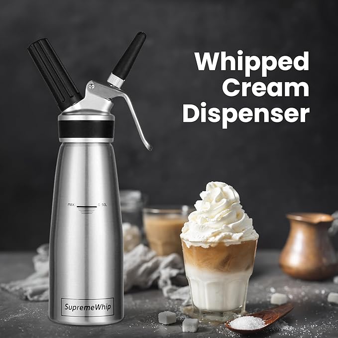 PRO Cream Dispenser, Durable High-Grip, Metal Lid with Rubber, 3 Nozzles, for Hot/Cold Use, Cleaning Brush Included, Silver - 500 ml / 1 Pint