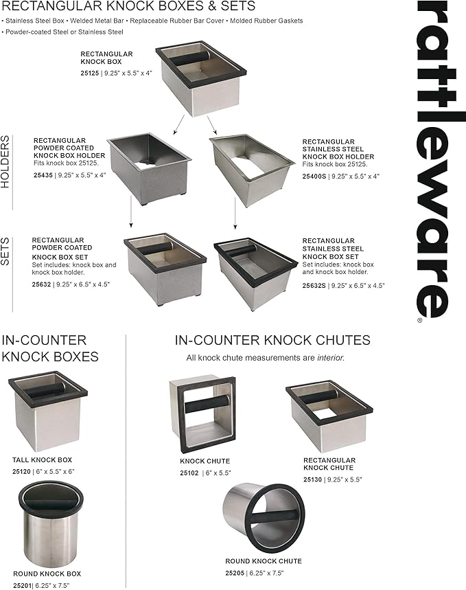 Rattleware Stainless Steel Knock Box - Perfect for Home, Cafe, Restaurant, Hotel, Office, or Commercial Establishment - Heavy Duty Knock Box Trusted By Baristas Worldwide (7.44" x 6.89" x 4.41")