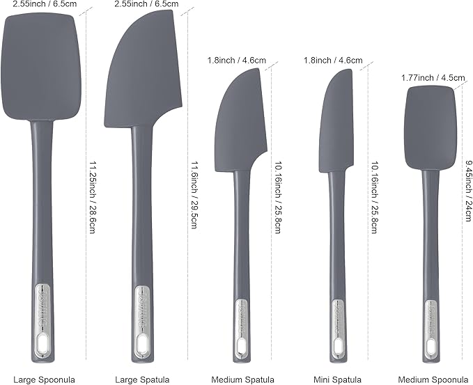 Premium Silicone Spatula Set, Flexible Heat Resistant Non-slip Handle Baking Cooking Rubber Spatulas, Grey