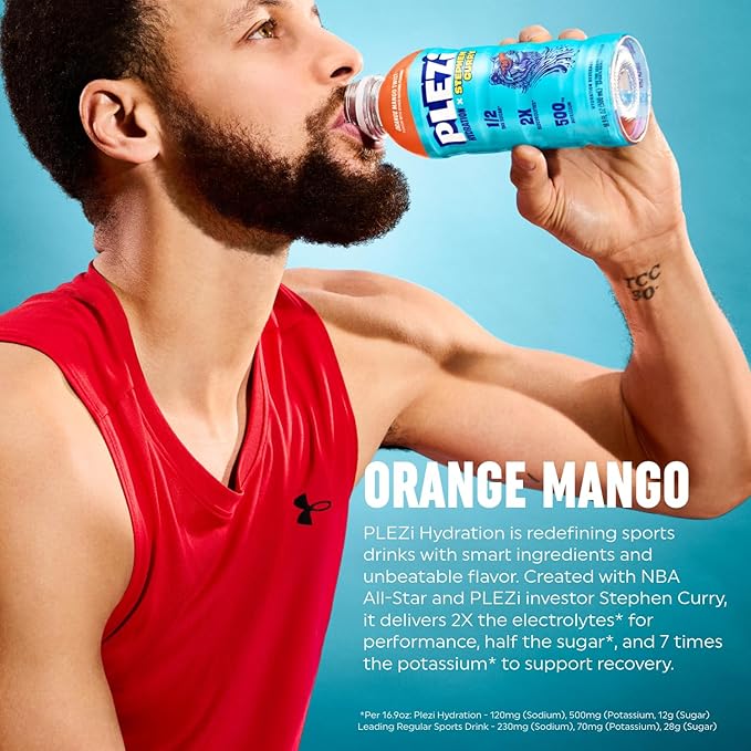 PLEZi Orange Mango Twist Hydration Drink x Stephen Curry - Sports Drinks with 2X Electrolytes - 500mg Potassium, Low Sugar, No Added Sugar - For Kids & Adults - 16.9 Fl Oz (12 Pack)