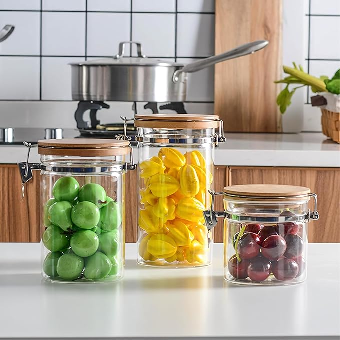 47 oz/1350ml Clear Glass Storage Canister with Airtight Bamboo Lid, Large Decorative Container Jar for Coffee Spice Candy Salt Tea Cookie Condiment Pepper Sugar Overnight Oatmeal Snacks