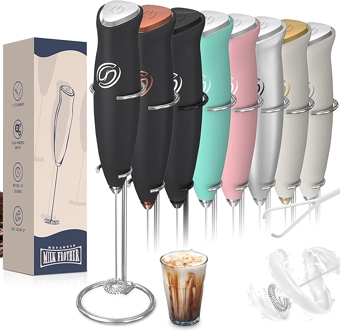 Milk Frother With Stand Handheld Frother Wand Drink Mixer Handheld Coffee Stirrers Electric Frother for Coffee Mixer Wand with 2 Whisk frother for protein powder-Black