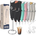 Milk Frother With Stand Handheld Frother Wand Drink Mixer Handheld Coffee Stirrers Electric Frother for Coffee Mixer Wand with 2 Whisk frother for protein powder-Black