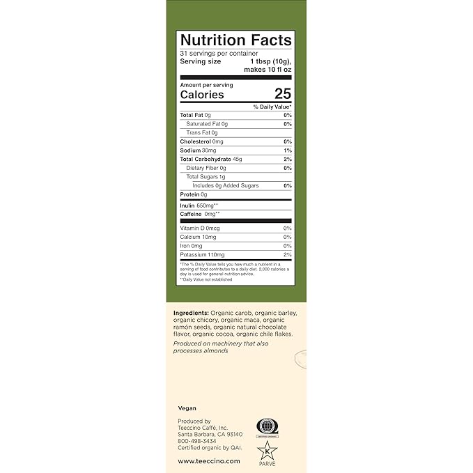 Teeccino Maca Chocolaté Chicory Coffee Alternative - Ground Herbal Coffee That’s Prebiotic, Caffeine Free & Acid Free, Dark Roast, 11 Ounce (Pack of 3)
