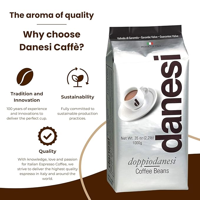 Danesi Caffe Italian Whole Coffee Beans - Espresso Coffee Beans and Medium Roast Whole Bean - Perfect for Espresso Machines, French Press, and Home Brewing - Doppio (4.5 lb)