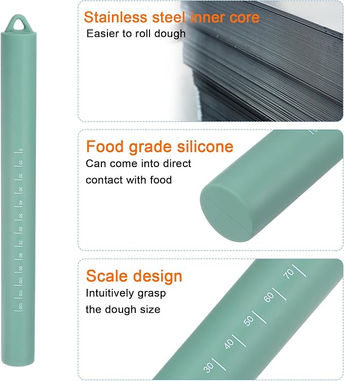 HARFINGTON 2pcs Silicone Rolling Pin 10" Stainless Silicone Surface Non-Stick Stainless Steel Inner Core Dough Roller Kitchen Roller for Baking Pastry Pizza Fondant Bread, Green,Dark Green