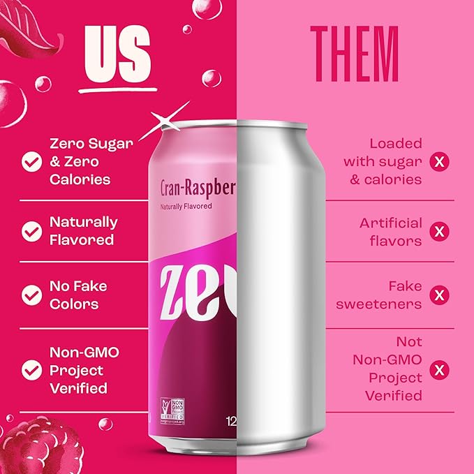 Zevia Zero Sugar Soda, Cran-Raspberry, 12 oz Cans (24-Pack) – Naturally Sweetened, Non-GMO Project Verified, Gluten-Free, Vegan