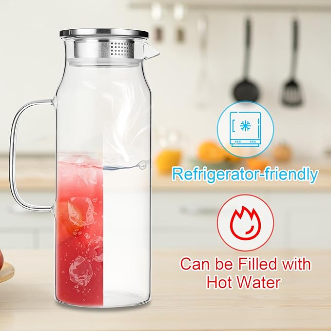 2 Pack 2L/68 oz Glass Pitcher with Lid and Handle,Square Water Pitchers for Fridge, Leak-Proof Spout,Large Ice Tea Jug for Hot/Cold Drinks, Ideal for Cold Brew, Juice, Iced Tea