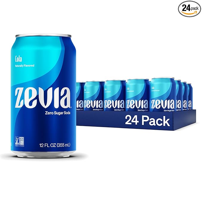 Zevia Zero Sugar Soda, Cola, 12 oz Cans (24-Pack) – Naturally Sweetened, Zero Calorie Sugar Free Soda - Non-GMO Project Verified, Gluten-Free, Vegan