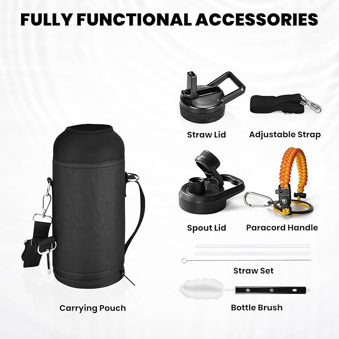 Insulated Water Bottle 32 oz, Triple Wall Vacuum Stainless Steel (Cold for 48 Hrs), Leak Proof & Non-BPA, Modern Water Flask Jug with Paracord Handle & Straw Spout Lids, Ombre Orange