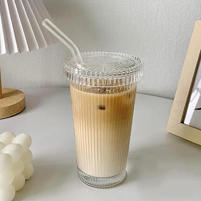 13oz Clear Iced Coffee Cups with Lids, Clear Glass Tumbler with Straw & Lid, Ribbed Glassware Cups, Dishwasher Safe Drinking Glasses, Stylish Glass Cups for Coffee, Juice, Tea, Matcha