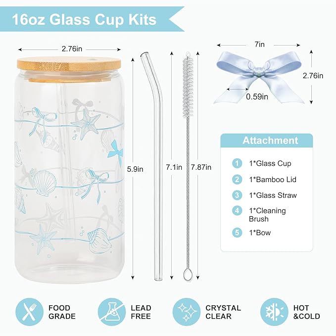 Ocean Animals Glass Cup with Lid and Straw, 16oz Iced Coffee Cup Tumbler Beach Gifts for Women Girls Conch Anniversary Birthday Mom Wife Sister Friends Colleagues