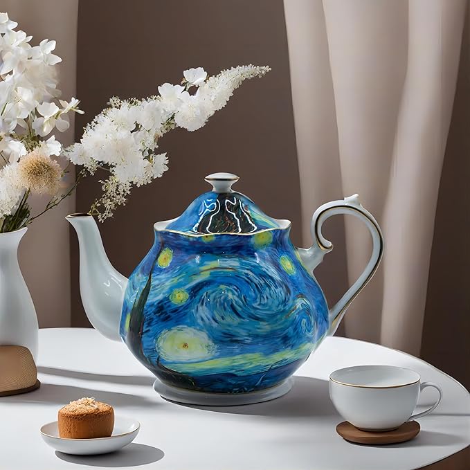 Teapot 30 oz Van Gogh Paintings Bone China Loose Tea Pot Floral Design Vintage Ceramic Coffee Water Pot European Style Porcelain (Starry Sky)