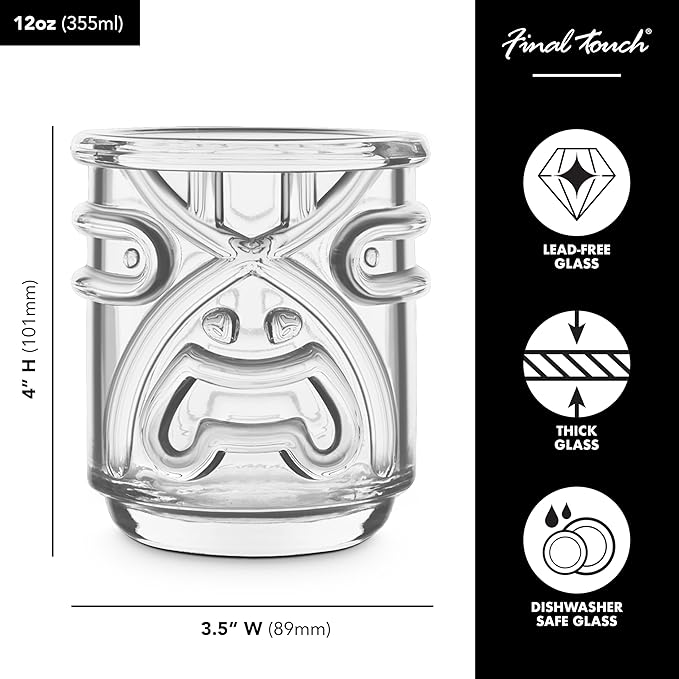 Final Touch Tiki Glasses Set of 4 - Kanaloa, Lono, Kū, Kāne Designs, 12 oz (355 ml), Clear, Stackable Totem Pole Storage, Durable Glassware for Tropical Cocktails (TK5303)