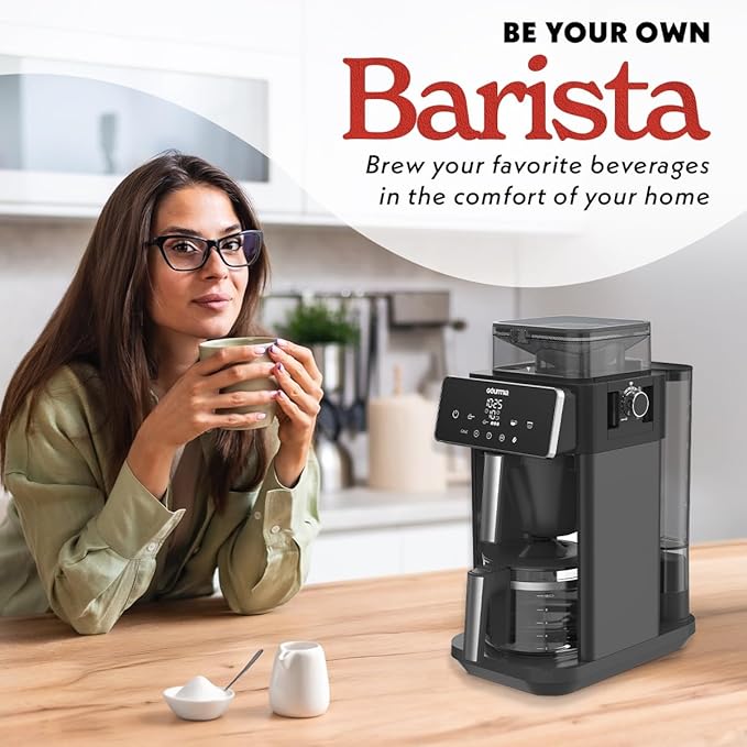 Gourmia 10-Cup Grind & Brew Coffee Maker – Built-in Adjustable Grinder, Programmable Digital Timer, 3 Brew Strengths, 4-Hour Keep-Warm, Auto Shut-Off, Pause & Serve, Glass Carafe, Stainless Steel