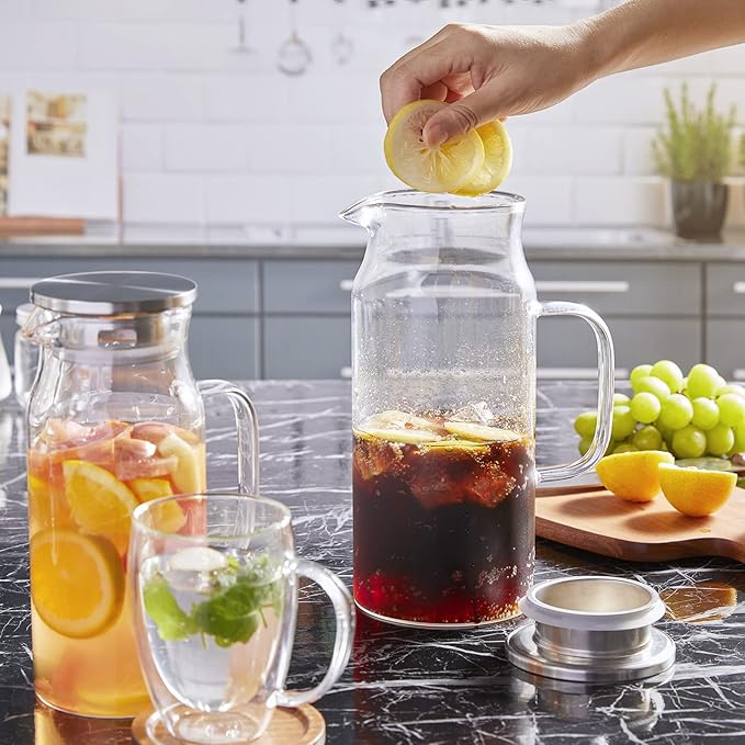 2 Pack 2 Liter 68 oz 2.1 Qt Glass Pitcher with Lid and Spout, Bivvclaz Water Pitcher for Fridge, Glass Carafe for Hot/Cold Water, Large Iced Tea Pitcher for Coffee, Juice and Homemade Beverage