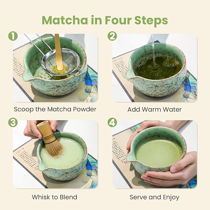 Matcha Whisk Set, Ceramic Matcha Set Includes Matcha Bowl, Whisk & Holder, Scoop, Sifter, Spoon, Scoop Rest, Tea Mat, Hand Book - 9 Pcs Kit for Matcha Lovers (Green)