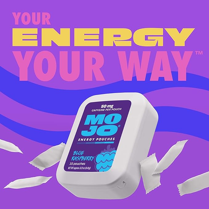 MOJO Energy Pouches Blue Raspberry Flavor, 50 mg per Caffeine Pouch, 15 Pouches, 5-Pack