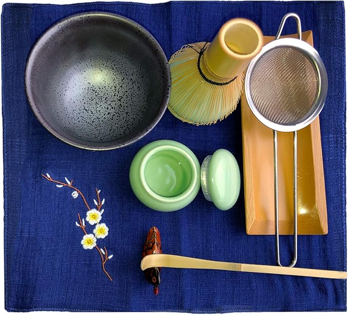 Artcome Traditional Japanese Matcha Tea Set, Matcha Whisk, Traditional Scoop, Matcha Bowl & Caddy, Ceramic Whisk Holder, Handmade Matcha Ceremony Kit (9Pcs)