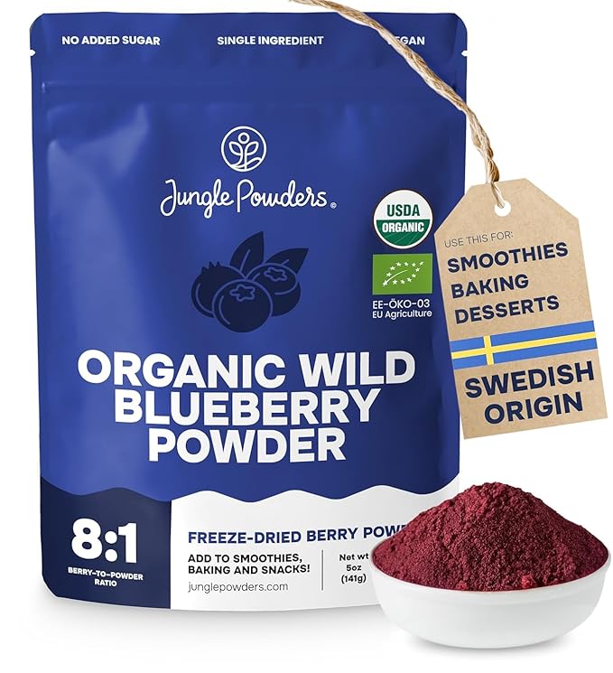 Jungle Powders Wild Blueberry Powder Organic 12 Ounce Bag USDA Certified - Antioxidant Rich Smoothies Freeze Dried Blueberries Organic Blueberry Extract for Baking from Whole Dried Blueberries