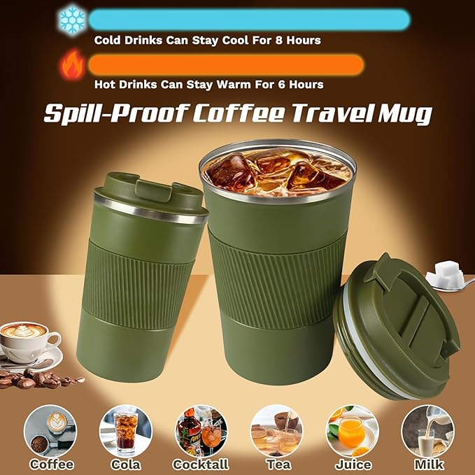 Vacuum-Insulated Stainless Steel Travel Coffee Mug, Leak-Proof Reusable Coffee Cup with Lid - Keep Hot & Cold Drinks for Hours, Durable Thermos Tumbler for Men & Women (3rd-Green, 12OZ)