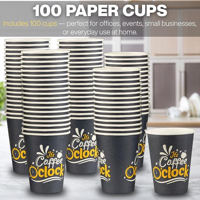 Smygoods Disposable Coffee Cups, To Go Paper Hot Cups, Coffee O'Clock Design (12 OZ, 100 Count) For Hot Beverages, Coffee, Tea, Espresso, Cocoa - Vasos Para Cafe