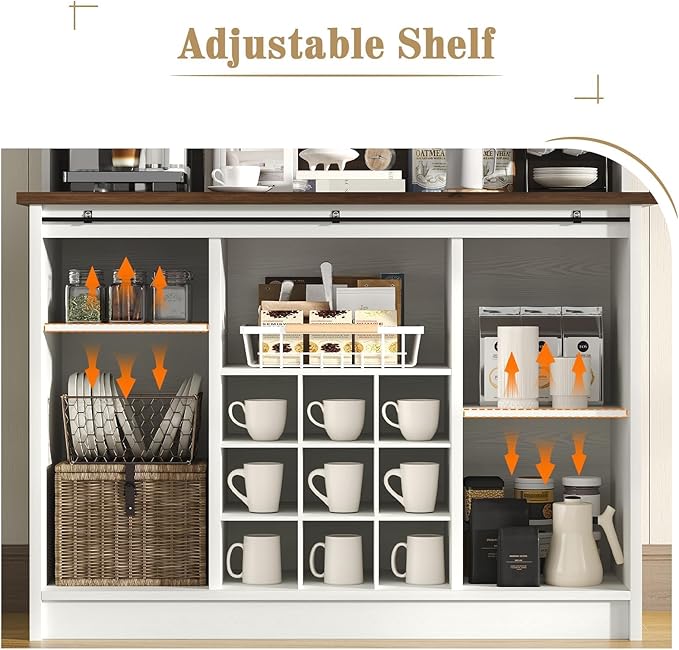 4 EVER WINNER Farmhouse Coffee Bar with 3-Tier Storage, 67” Coffee Bar Cabinet with Sliding Barn Doors, Hutch Cabinet with Storage & 9 Wine Racks, White