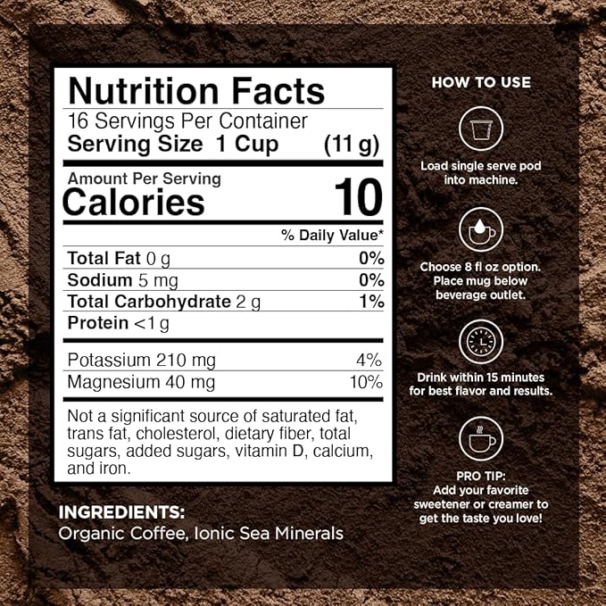 VitaCup Mineral Coffee Pods with Trace Minerals, Hydrate, Replenish & Restore, w/Sea Minerals, Electrolytes, Organic Coffee, Medium Dark Roast, Single Serve Pod Compatible w/Keurig K-Cup Brewers,64 Ct