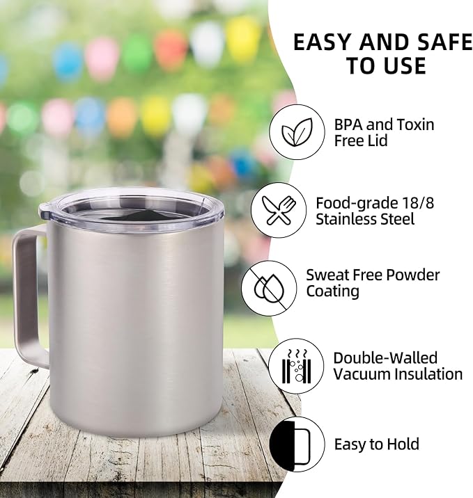 Volhoply 14oz Insulated Stainless Steel Coffee Mug with Lid Bulk 8 Pack,Double Wall Vacuum Travel Coffee Cup with Handle,Reusable Metal Cups Tumbler,Camping Mugs Keep Hot,Ideal Gifts(Silver,8)