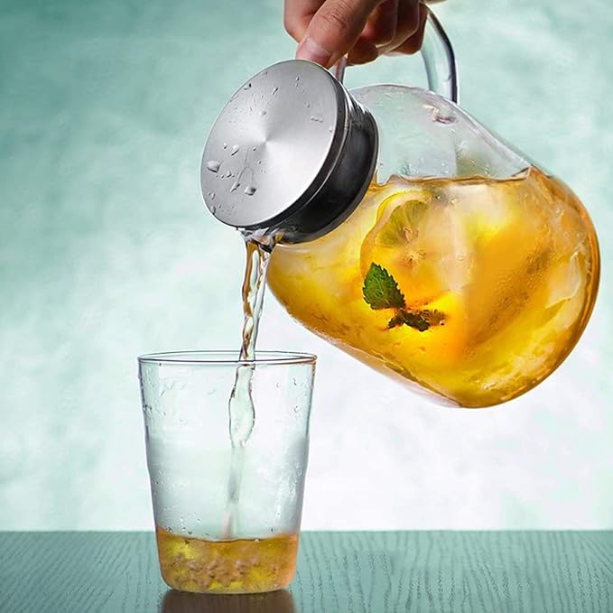 88oz Glass Pitcher with Lid and Handle - High Heat Resistance Glass Water Pitcher for Hot/Cold Water & Iced Tea with Ice Tray (2.6L)