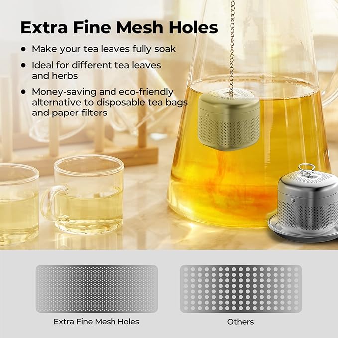 Reinmoson Tea Balls for Loose Tea, 304 Stainless Steel Extra Fine Mesh Tea Infusers for Loose Tea, Retractable Chain Design Tea Strainers for Loose Leaf Tea Single Cup, Come with 1 Saucer