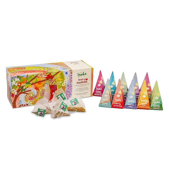 Lazika Tea Variety Pack with Lovely Presentation Box, Black, Green and Herbal Tea Sampler Gift Set, 20 Counts, Premium Collection with Pyramid Infuser Bag, Handcrafted