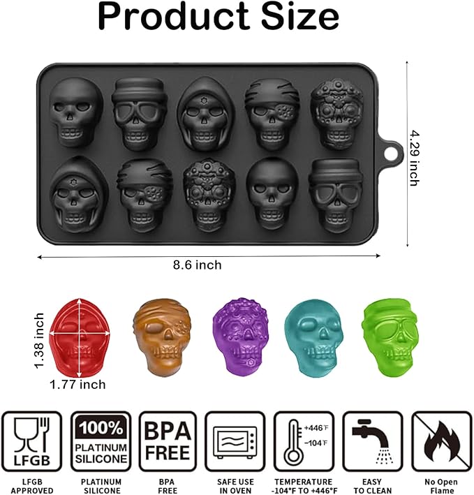 10 Cavity Skull Chocolate Molds,Halloween Silicone Skull Candy Mold for Jelly Crayon Resin, Pack of 2