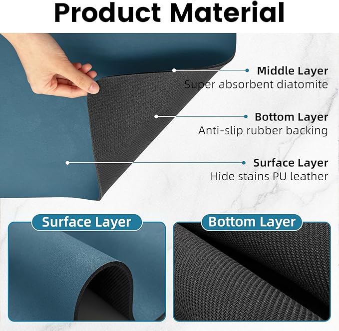 PoYang 24"x16" Coffee Mat Large, Coffee Bar Accessories for Countertop, Absorbent Dish Drying Mat, Anti-Slip and Hide Stain Pad for Espresso Machine, Espresso Maker and Kitchen Counter, Blue