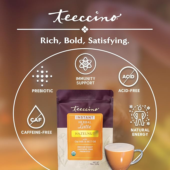 Teeccino Organic Instant Hazelnut Herbal Latte – 14 Servings – Creamy Oat & Coconut Latte Plus MCT Oil with Buttery Hazelnuts & Dates Accenting Roasted Chicory – Prebiotic, Caffeine-Free – 7.9 ounces