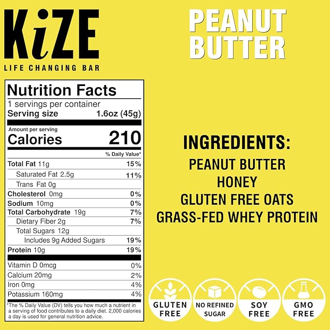 KiZE Energy Bars - Peanut Butter Lovers Variety Pack - 20-Count - Gluten Free, Dairy Free Options, Non-GMO, and High Protein Meal Replacement Energy Bars, Clean and Simple Food Ingredients - 7-10g High Protein Snacks (20 Count)