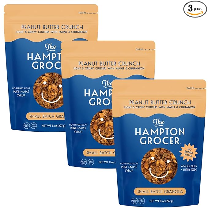 The Hampton Grocer Peanut Butter Crunch Granola, 3 pack - Light & Crispy Clusters with Pure Maple Syrup, Cinnamon, Whole Nuts & Super Seeds, Protein-Packed, Crunchy, Small-Batch, 8oz